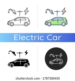 Hybrid vehicle icon. Linear black and RGB color styles. Alternative energy use, eco friendly transportation. Modern automobile using gasoline and electricity isolated vector illustrations