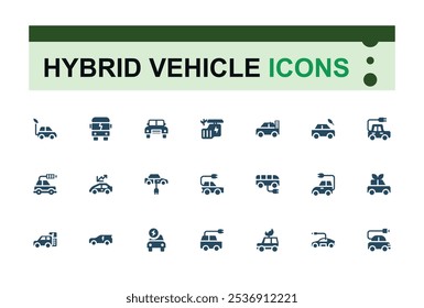 Hybrid Vehicle icons in filled style. Related to icons, hybrid, side, conservation, environmental, parking, rechargeable, pixel. Simple solid vector. Illustration in modern solid style.