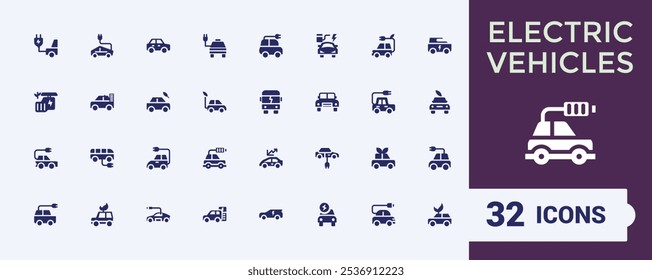Hybrid Vehicle icons set in solid style. Contains such icons as charger, icons, car, ev, glyph, rechargeable, transport and more. Collection for mobile and web apps. Vector illustration.