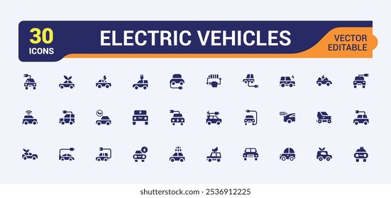 Ícones híbridos do veículo definidos no estilo sólido. Contém tais ícones como carregador, ícones, carro, ev, glifo, recarregável, transporte e muito mais. Coleção para aplicativos móveis e Web. Ilustração vetorial.