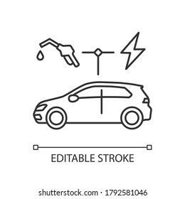 Hybrid vehicle linear icon. Alternative energy use, eco friendly transportation thin line customizable illustration. Contour symbol. Modern automobile vector isolated outline drawing. Editable stroke