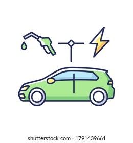 Hybrid vehicle RGB color icon. Alternative energy use, eco friendly transportation. Modern automobile using gasoline and electricity Isolated vector illustration