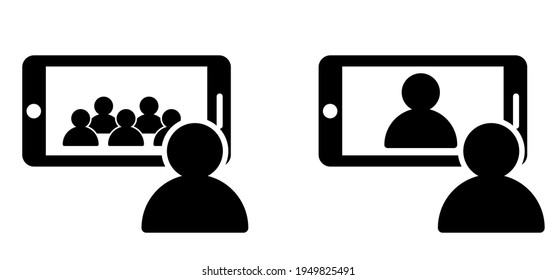 Hybrid, Video Chat. Online Webinar, Speaker Talk To Meeting On Videoconferencing Event. Conference Pictogram. Digital Communication  On Laptop Screen, Phone, Computer, Internet Learning Media Business