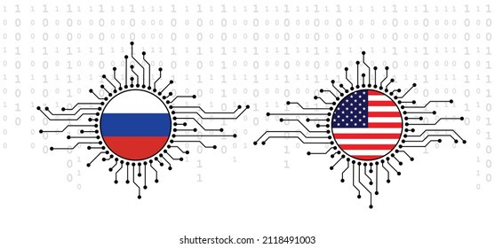 Hybrid war and warfare, DDoS attack. Cyber war, America and Russia conflict. Hackers and cyber crime, criminals phishing steal personal information, login details or password, data, internet.