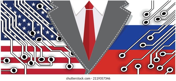 Hybrid war and warfare, DDoS attack. Cyber war, America and Russia conflict. Hackers and cyber crime, criminals phishing steal personal information, login details or password, data, internet.