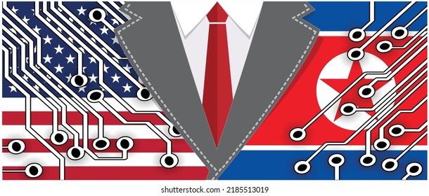 Hybrid war and warfare, DDoS attack. Cyber war, America and North Korea conflict. Hackers and cyber crime, Hackers and cyber criminals phishing steal personal information. Koreans and usa or vs flag.