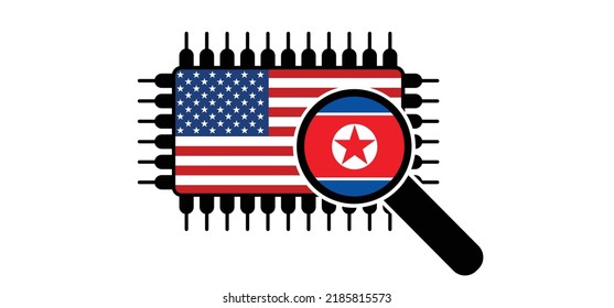 Hybrid war and warfare, DDoS attack. Cyber war, America and North Korea conflict. Hackers and cyber crime, Hackers and cyber criminals phishing steal personal information. Koreans and usa or vs flag.