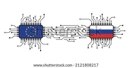Hybrid war and warfare, DDoS attack. Cyber war, Europe and Russia conflict. Hackers and cyber crime, criminals phishing steal personal information, login details or password, data, internet.