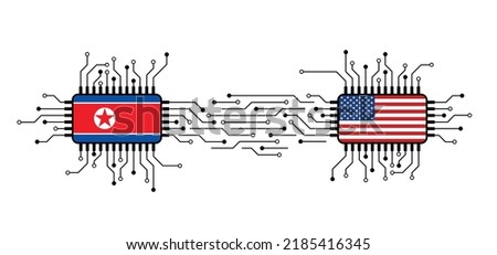 Hybrid war and warfare, DDoS attack. Cyber war, America and North Korea conflict. Hackers and cyber crime, Hackers and cyber criminals phishing steal personal information. Koreans and usa or vs flag.