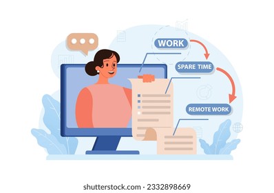 Trabajo híbrido. Caracteres con un horario flexible, trabajando desde la oficina y el hogar. Teletrabajo y subcontratación, trabajo de empleados a nivel mundial. Nómada digital o idea independiente. Ilustración vectorial plana