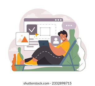 Hybrid work. Characters with a flexible schedule, working from office and home. Telework and outsource, employee work globaly. Digital nomad or freelancer idea. Flat vector illustration