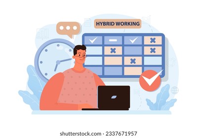 Hybrid work. Characters with a flexible schedule, working from office and home. Telework and outsource, employee work globaly. Digital nomad or freelancer idea. Flat vector illustration