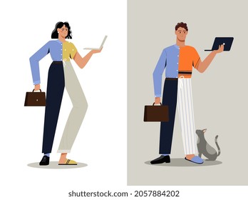 Hybrid work concept. Man and woman in business suit and pajamas work in office and at home. Remote or full time employee. Cartoon colorful flat vector collection isolated on white background