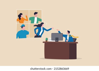 Hybrid work employee choice to remote work from home or come to office, flexible workplace for productivity concept, businessman sitting in office talk in conference call with people work from home.