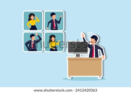 Hybrid work employee choice to remote work from home or come to office, flexible workplace for productivity concept, businessman sitting in office talk in conference call with people work from home.