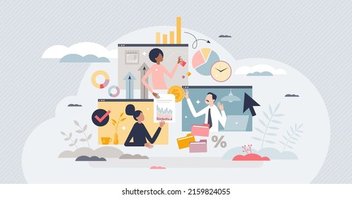 Hybrid Work And Employee Cooperation With Distant Job Tiny Person Concept. Flexibility And Efficiency From Productive Online Business Call Vector Illustration. Working From Home With Split Screen.