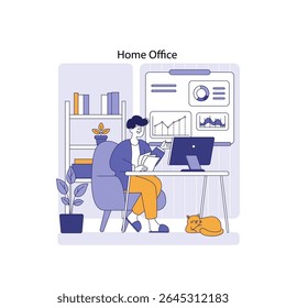 Hybrid work environment featuring a person in a home office setting. The individual engages with data on a computer while surrounded by books and a relaxed cat. A blend of comfort and productivity is