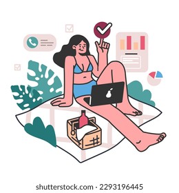 Hybrid work. Female character with a flexible schedule, working outside on a vaction. Telework and outsource, employee work globaly. Digital nomad or freelancer idea. Flat vector illustration