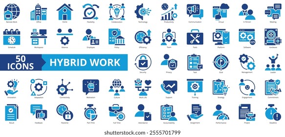 Hybrid work icon collection set. Containing remote work, office, home, flexibility, collaboration, technology, productivity, communication icon. Simple flat vector illustration.