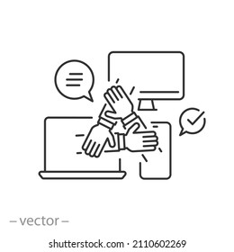 hybrid work icon, online computer conference, flexibility company connection, employee team, partnership hands, thin line symbol on white background - editable stroke vector illustration