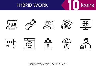 Paquete de iconos de trabajo híbrido para trabajos remotos, Equipos de oficina y lugares de trabajo flexibles, símbolos de contorno mínimos simples para empresas modernas, App y Diseños web