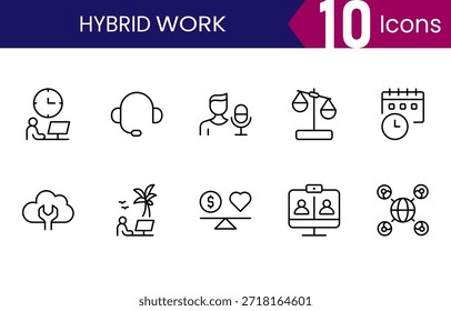 Paquete de iconos de trabajo híbrido para trabajos remotos, Equipos de oficina y lugares de trabajo flexibles, símbolos de contorno mínimos simples para empresas modernas, App y Diseños web