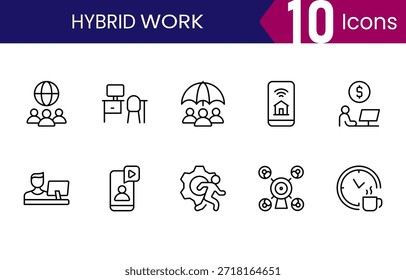 Paquete de iconos de trabajo híbrido para trabajos remotos, Equipos de oficina y lugares de trabajo flexibles, símbolos de contorno mínimos simples para empresas modernas, App y Diseños web