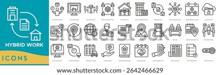 Hybrid Work icon set. Flexible Work Schedule, Virtual Meeting Room, Desk Booking System, Remote Collaboration Tools, Home Office Setup and In Office Attendance Tracker