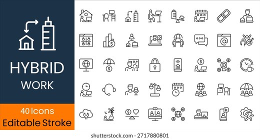 Hybrid Work Icon Set für Remote- und Office-Zusammenarbeit, flexible Arbeitsmodelle, Teamarbeit und Produktivität, moderne Minimalsymbole für Apps und UI UX