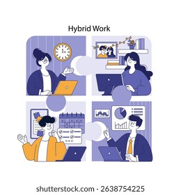 Hybrid Work illustration demonstrates a modern workspace featuring diverse individuals engaging in various remote and in-office tasks. It highlights flexibility, technology, and collaboration in today