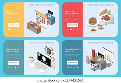 Banderas horizontales isométricas de trabajo con elementos alimentarios y laborales para el hogar y la oficina ilustraciones vectoriales 3d