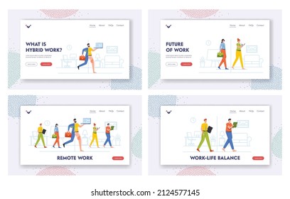 Hybrid Work Landing Page Template Set . Remote Work After Covid Crisis, Employee Characters Choice To Work Remotely From Home, Business Men Or Women In Hybrid Cloth. Cartoon People Vector Illustration