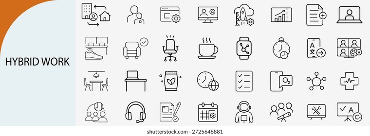 hybrid work line icon set for remote office and flexible workspace technology vector