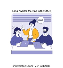 Cenário de reunião de trabalho híbrido representando colegas envolvidos em discussões e compartilhamento de ideias. Esta ilustração captura a essência da colaboração e da comunicação em um ambiente de espaço de trabalho moderno.