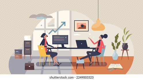 Hybrid work mode with split time for office and working from home tiny person concept. Switch location for job tasks as flexible lifestyle and business approach vector illustration. Distant workplace.