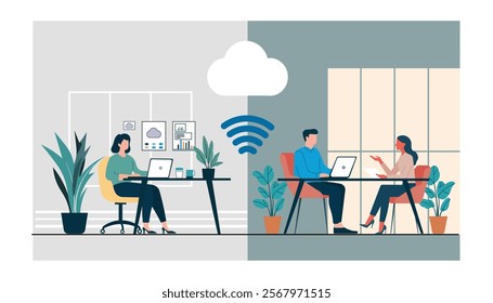 Hybrid work model concept showcasing remote work with cloud tools and office collaboration. Highlights flexibility, seamless cloud connectivity, modern workplace trends, and tech-driven productivity