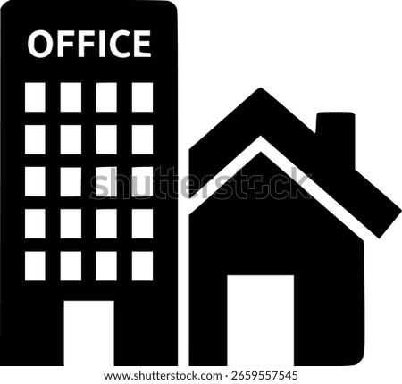 Hybrid Work Model Icon. Simple vector graphic of a building split between an office and a house, symbolizing remote work and a flexible workplace.