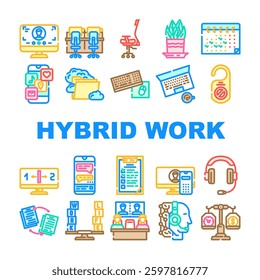 hybrid work model remote icons set vector. flexible, collaboration productivity, technology communication, balance, efficiency hybrid work model remote color line illustrations