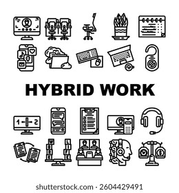 hybrid work model remote icons set vector. flexible, collaboration productivity, technology communication, balance, efficiency hybrid work model remote black contour illustrations
