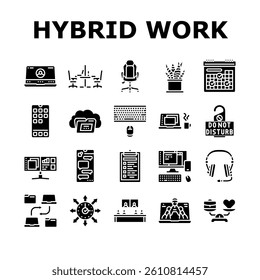 hybrid work model remote icons set vector. flexible, collaboration productivity, technology communication, balance, efficiency hybrid work model remote glyph pictogram Illustrations