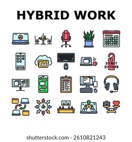 hybrid work model remote icons set vector. flexible, collaboration productivity, technology communication, balance, efficiency hybrid work model remote color line illustrations