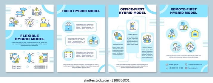 Hybrid Work Models Blue Brochure Template. Scheduling. Leaflet Design With Linear Icons. Editable 4 Vector Layouts For Presentation, Annual Reports. Arial-Black, Myriad Pro-Regular Fonts Used