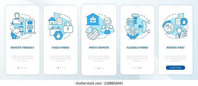 Hybride Arbeitsmodelle blauer Onboarding-Mobile-App-Bildschirm. Workplace Walkthrough 5 Schritte bearbeitbare grafische Anleitungen mit linearen Konzepten. UI, UX, GUI-Vorlage. Myriad Pro-kühne, Standardschriftarten verwendet