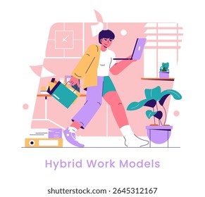 "Conceito de modelos de trabalho híbridos. Ilustração de um jovem profissional multitarefa em uma configuração dinâmica de escritório em casa, equilibrando trabalho e vida de forma perfeita."