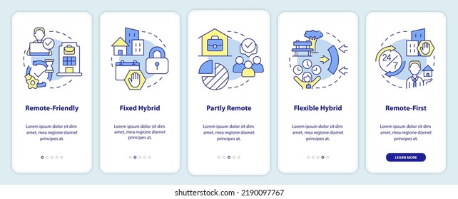 Hybride Arbeitsmodelle auf dem mobilen App-Bildschirm. Workplace Walkthrough 5 Schritte bearbeitbare grafische Anleitungen mit linearen Konzepten. UI, UX, GUI-Vorlage. Myriad Pro-kühne, Standardschriftarten verwendet