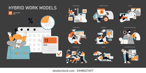 Hybrid Work Models set Exploring the versatility of modern work practices From co-working spaces to telecommuting Seamless integration of work and life Vector illustration