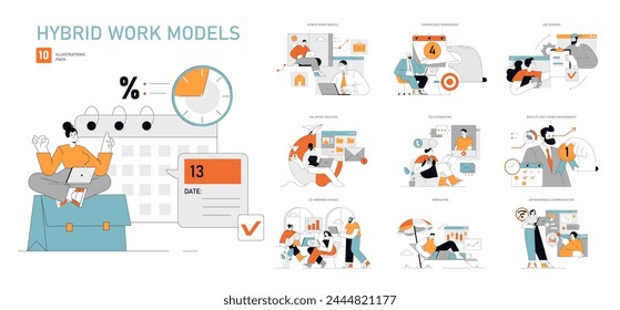 Hybrid Work Models set Flexible office and home work spaces Balancing time management, collaboration, and autonomy Adapting to new productivity norms Vector illustration