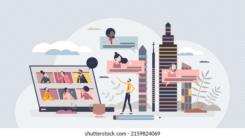 Hybrid work office or home as various job location places tiny person concept. Flexible and efficient lifestyle for business with digital online solutions vector illustration. Corporate workplace.