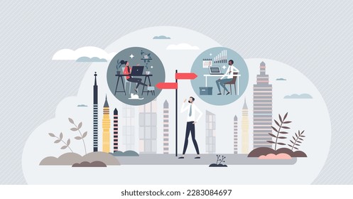 Hybrid work policy as flexible location in office or home tiny person concept. Business with split time for employee workspace vector illustration. Company manager with urban environment or WFH.