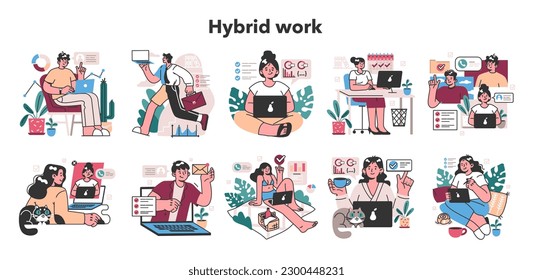 Hybrid work set. Characters with a flexible schedule, working from office and home. Telework and outsource, employee work globaly. Digital nomad or freelancer idea. Flat vector illustration